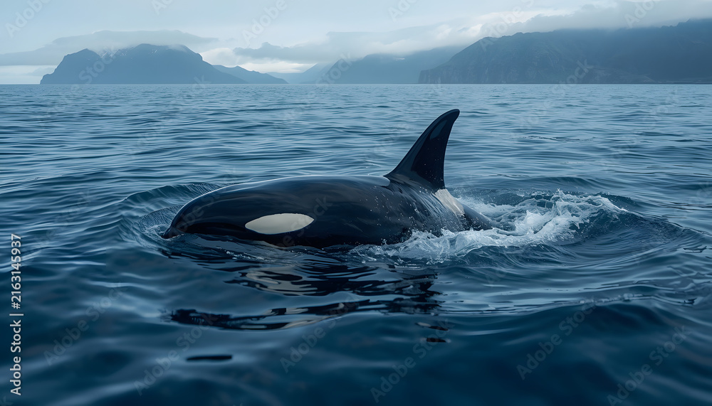 Naklejka premium Majestic killer whale orca swimming in deep blue ocean water near mountains