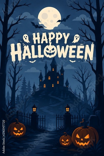 Spooky Halloween Scene with Haunted Castle, Full Moon, and Jack-o'-Lanterns for Celebrations and Decorations