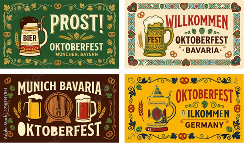 Four festive oktoberfest greeting card designs featuring traditional beer mugs and decorative bavarian pattern elements with traditional folk art motifs