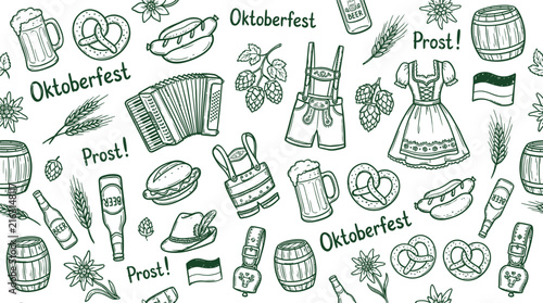 Bavarian traditional festival elements pattern hand drawn doodle style celebration symbols festive background illustration graphic with illustrations representing traditional