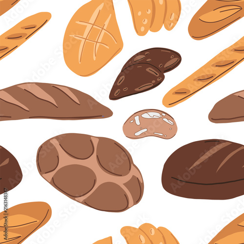 Seamless bread pattern with assorted bakery loaves, baguettes and rustic rolls