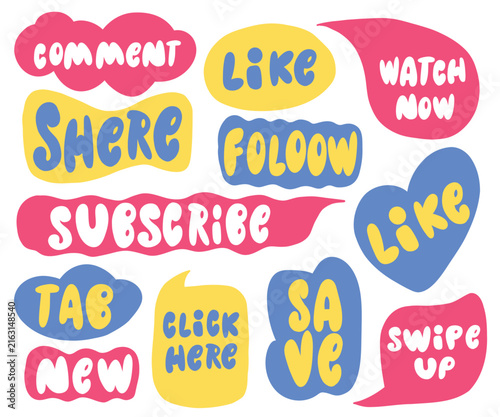 Set of colorful social media callout bubbles with engagement words