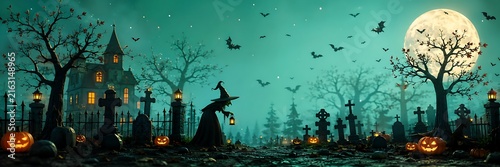 Spooky Night Halloween Scene with Haunted Cemetery and Full Moon