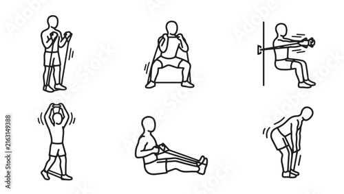 Collection of vector outline icons depicting men performing various exercises with elastic bands exercise resistance training collection pictogram physical equipment movement position