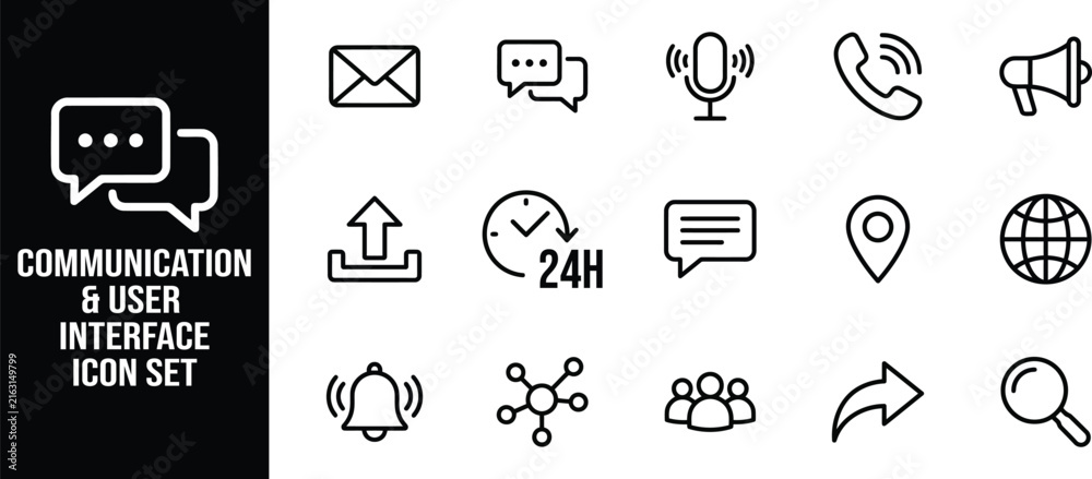 Fototapeta premium A comprehensive set of outline icons representing various essential elements of digital communication and user interfaces