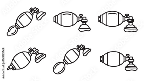 Set of medical resuscitation bag valve mask outline vector icons in different angles with resuscitation emergency hospital healthcare collection pictogram breathing respiratory equipment