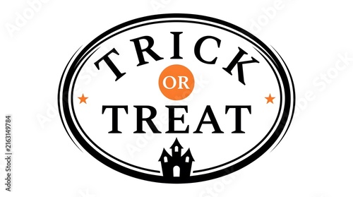 Vintage style oval badge with trick or treat text and a spooky castle silhouette for halloween design