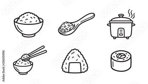 Set of black and white line art rice icons showing bowls spoon cooker sushi with chopsticks oriental ingredient collection illustration monochrome minimalist restaurant