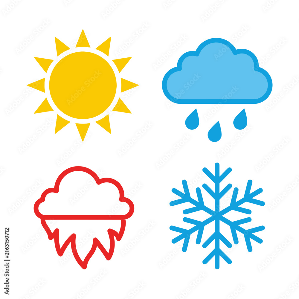 Fototapeta premium Weather icons set with sun rain cloud melting cloud and snowflake