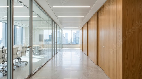 Modern office corridor with glass walls and wooden paneling.