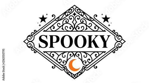 Vintage style spooky label with ornate frame and decorative star accents