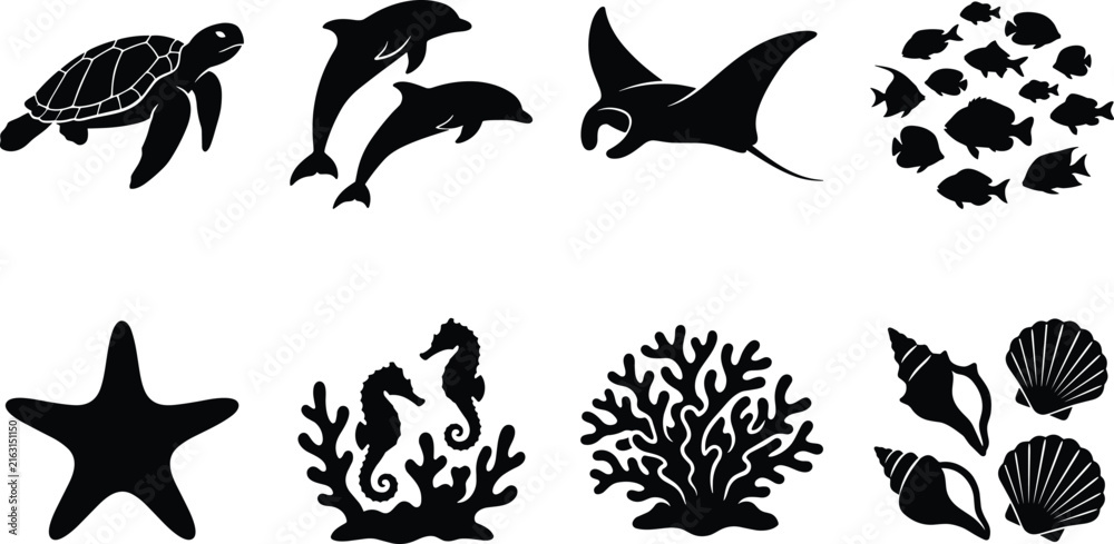 Fototapeta premium Marine Life Silhouette Vector Set with Sea Animals Coral and Seashell Collection