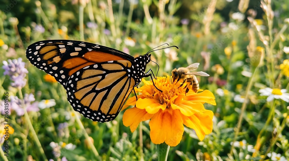 Obraz premium A beautiful monarch butterfly and a honey bee landing on a bright orange marigold flower in a sunny summer garden