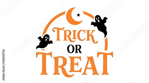 Festive halloween graphic with trick or treat text ghosts and a crescent moon