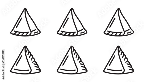 Samosa street food snack triangular pastry icons line art vector set with triangle appetizer collection monochrome isolated template restaurant traditional ingredient