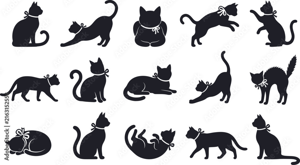 Obraz premium Collection of various black cat poses for creative holiday design projects featuring a distinct and minimalist artistic halloween cat silhouette