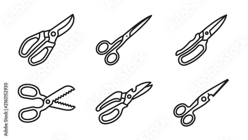 Various household and professional scissors line art vector illustration icons with scissors stationery household professional instrument collection monochrome isolated equipment accessory