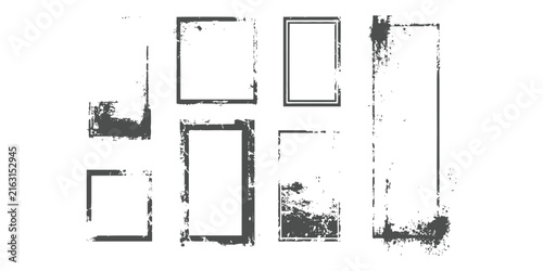 Dark grey distressed grunge rectangular photo frames and rough vintage textured borders collection vector illustration.