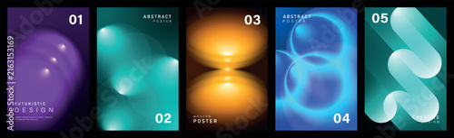 Vibrant abstract poster set with glowing organic shapes, colorful gradients, soft reflections and contemporary compositions for digital design projects.