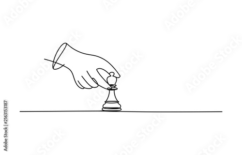 Foto Continuous single line drawing of a human hand moving a chess bishop piece durin