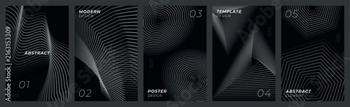 Monochrome black abstract poster series with layered wave patterns, flowing lines and sophisticated textures for elegant contemporary backgrounds