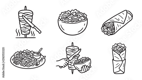 Shawarma kebab meat skewer wrap and salad bowl line art vector icons with shawarma restaurant takeaway delicious collection monochrome isolated