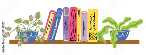 Cozy hand-drawn illustration of colorful books and potted plants on a wooden shelf, doodle style