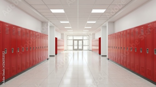Empty high school lobby with red lockers and bright lighting.