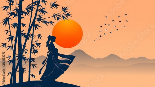 A silhouette of a woman in traditional clothing standing near bamboo stalks watching a flock of birds fly past a large orange sun at sunset
