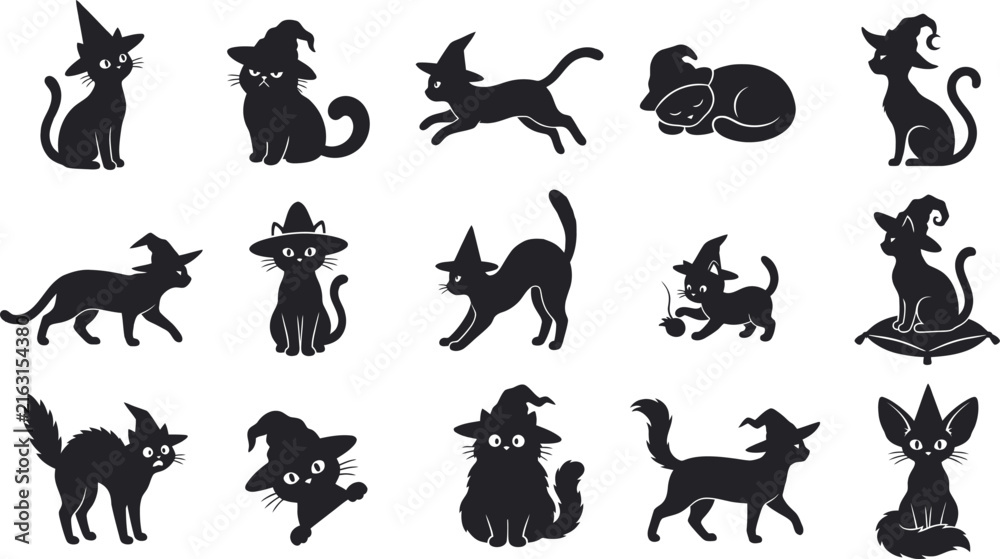 Fototapeta premium A collection of various cute halloween cat characters wearing witch hats presented in a clean and simple black graphic art silhouette