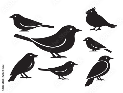 Bird silhouette icon set. Collection of small songbird vector graphics for nature design.