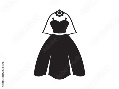 Wedding dress icon with veil. Bridal gown silhouette for marriage ceremony design.