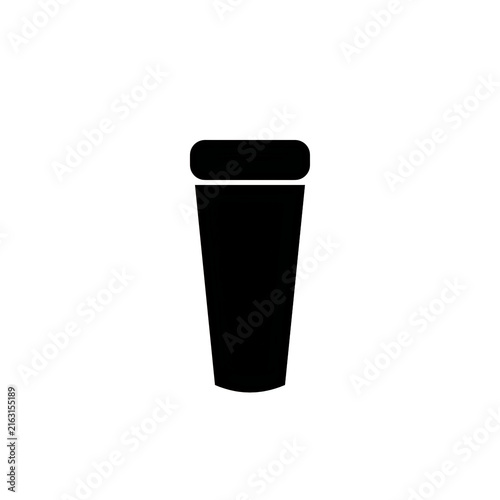 Minimalist black coffee cup icon, reusable travel mug silhouette, simple beverage container symbol on white background