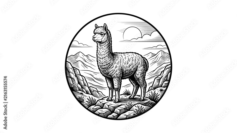 Naklejka premium Circular alpaca woodcut in mountains.