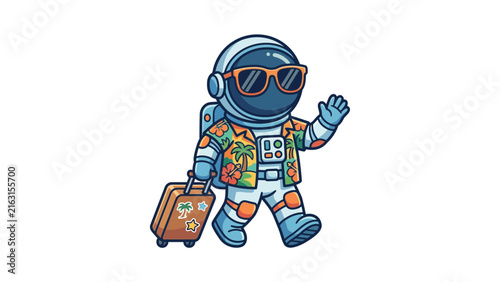 Cartoon astronaut in holiday attire carrying a suitcase.