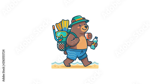 Cartoon bear hiking with backpack.