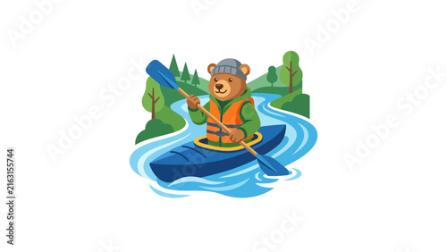 Cartoon bear rowing a kayak.