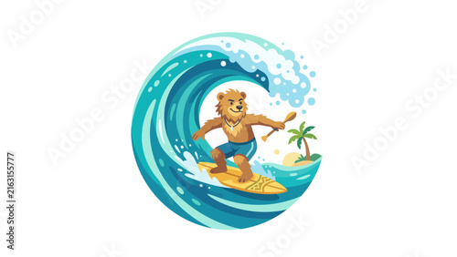 Cartoon bear surfing large wave in tropical ocean.