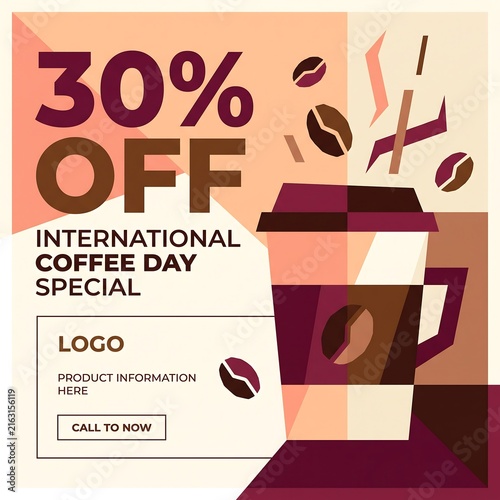 International coffee day special 30 percent off takeaway cup promo template with floating beans