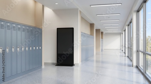 Empty school hallway corridor with metal lockers and a blank digital display stand.