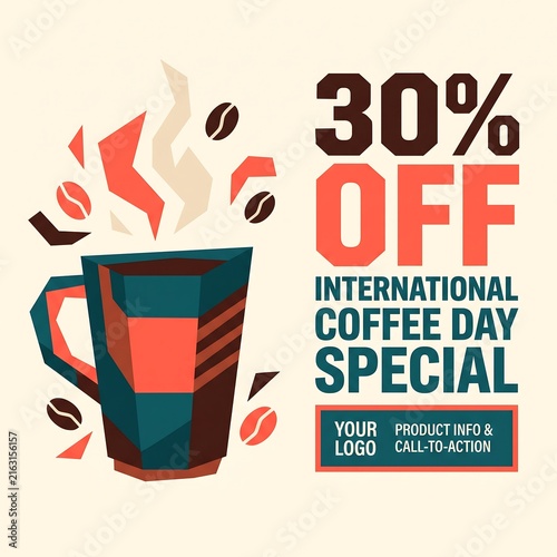 International coffee day special 30 percent off teal themed promotional graphic design with discount