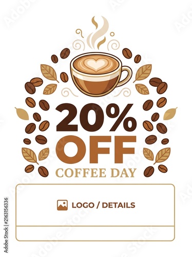 Coffee day special 20 percent off promotional banner with cup and beans discount beverage