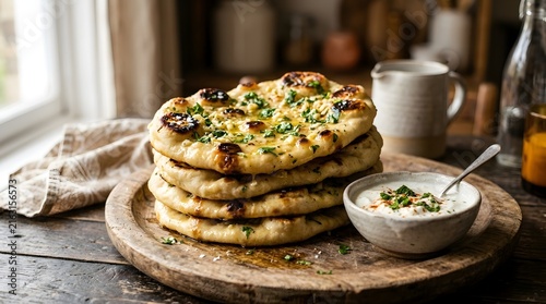 Stack of golden garlic naan bread on rustic wooden board with fresh herbs and yogurt dip