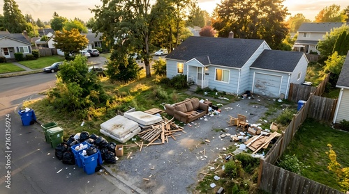 Suburban home cluttered with discarded furniture and household items during yard cleanup