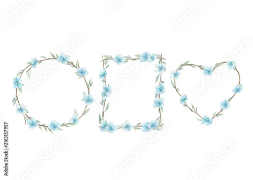 Watercolor wedding vintage wreath set with blue hydrangea. Hand drawn floral isolated illustration on white background.
