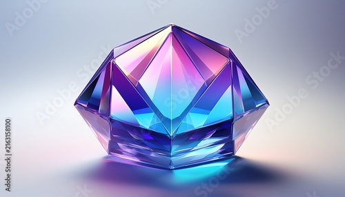 mesmerizing translucent faceted glass polyhedron with vibrant purple and blue reflections and glowing highlights on a soft gradient white background