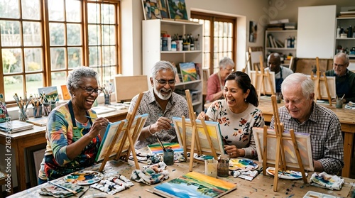 Group of diverse senior adults painting together in bright art studio workshop