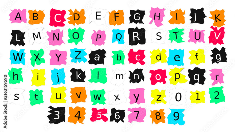 Fototapeta premium Alphabet and numbers set with uppercase and lowercase letters on colorful torn paper patches against white background for educational design projects and creative typography layouts.