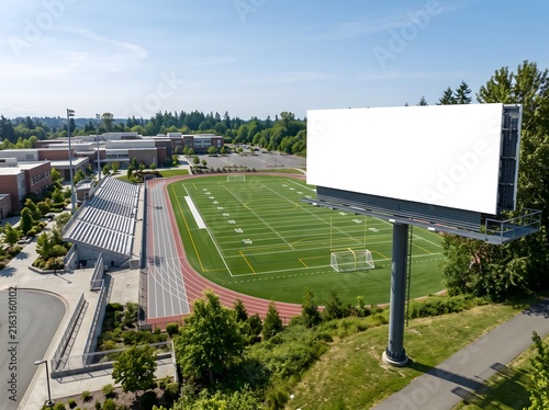 Aerial view of a large blank billboard overlooking a high school football field and track.