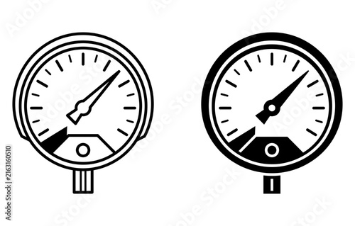 Pressure gauge meter industrial instrument outline and solid vector icons with pressure instrument measurement